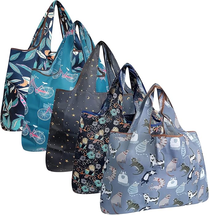 allydrew Large Foldable Tote Nylon Reusable Grocery Bags, 5 Pack