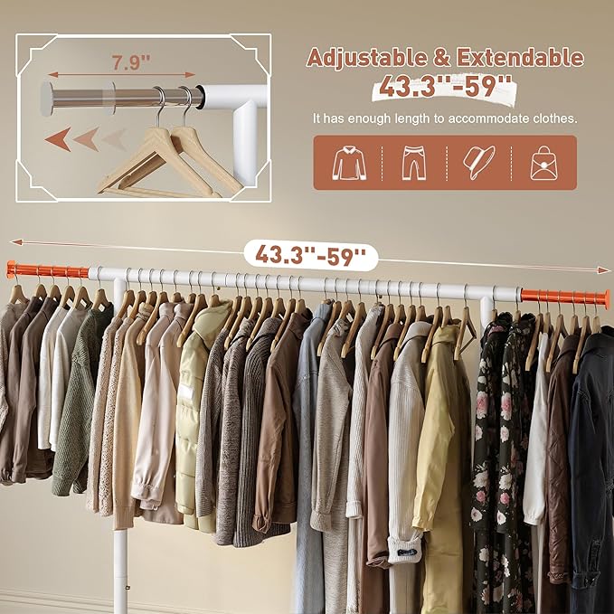 Raybee Clothing Rack for Hanging Clothes, Rolling Clothes Rack Load 250LBS, Metal Clothes Racks, Clothing Rack with Wheels Po