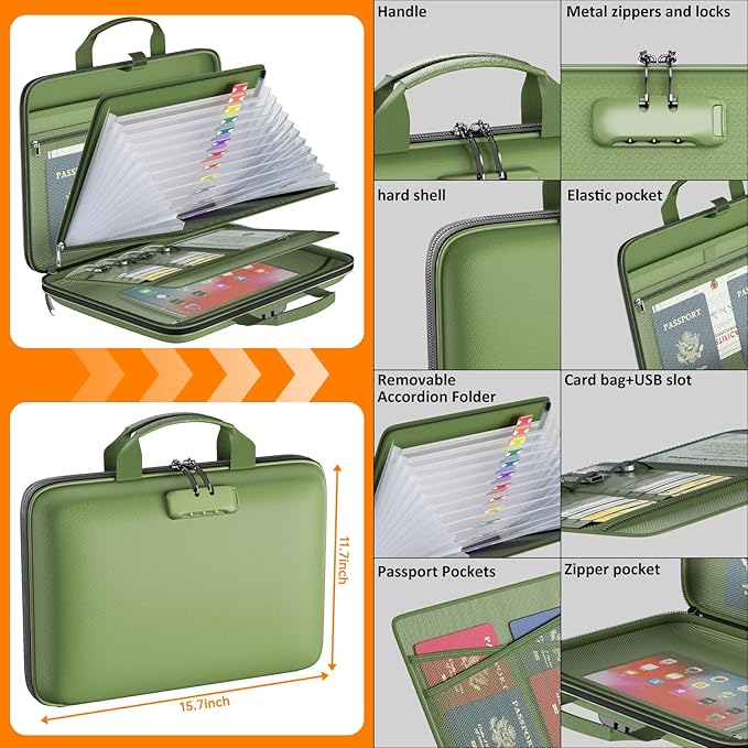 Fireproof File Organizer with Lock, Hard Case Fireproof Document Box with 13 Pockets Accordion File Folder, Important Documen