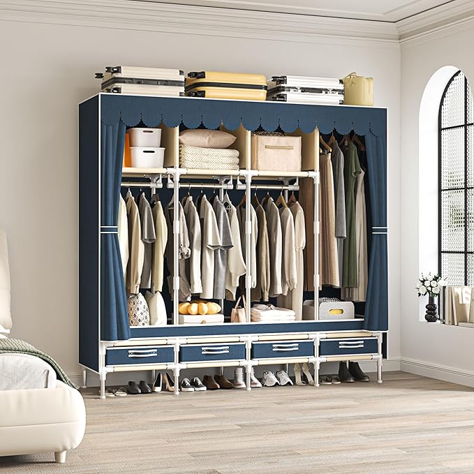 Portable Wardrobe with 4 Drawers and 3 Shelves, 67 Inch Large Capacity Freestanding Wardrobe Hanging Organizer with Lid for B