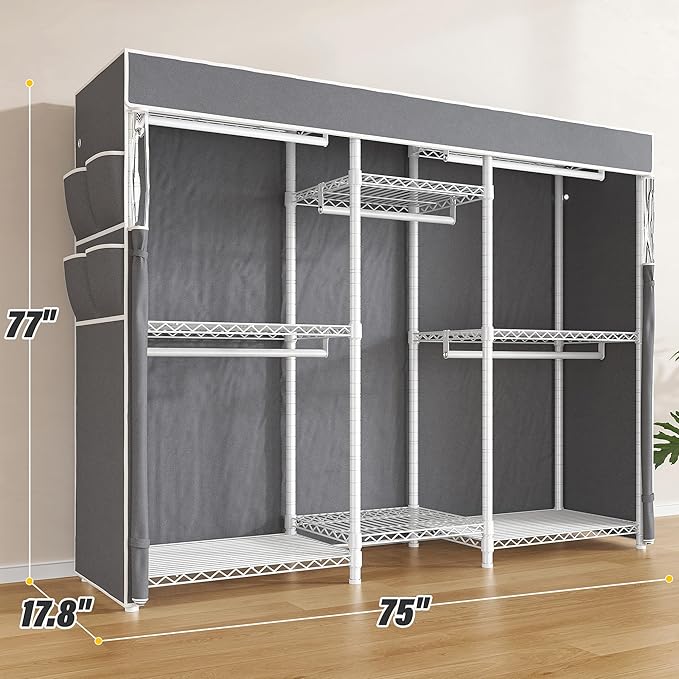 Raybee Clothes Rack with Cover,Clothing Racks for Hanging Clothes Heavy Duty,Portable Closet with Shelves,Adjustable,Loads 90