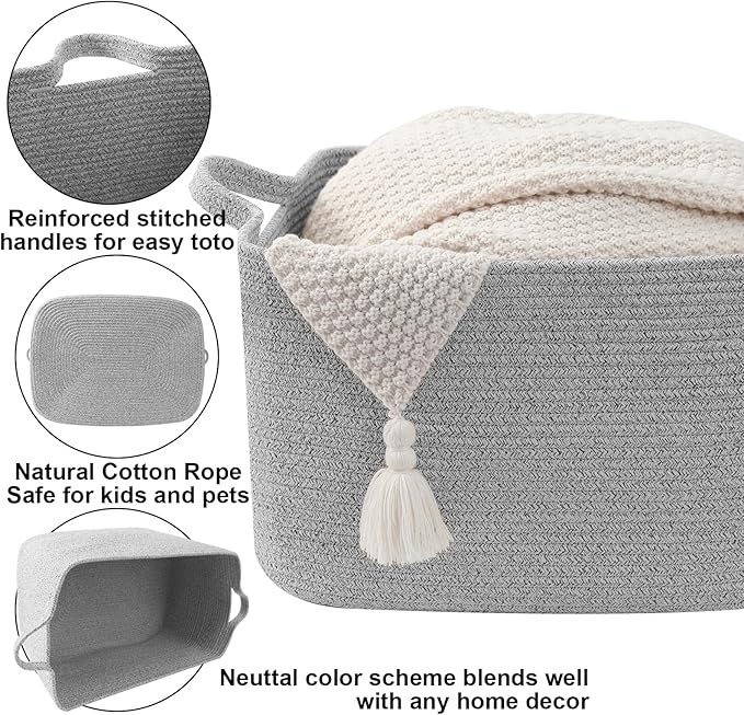 96L Large Blanket Basket,24"x16"x15"Rectangle Storage Bin with Handles,Woven Rope Laundry Basket for Toys, Clothes,Magazines,