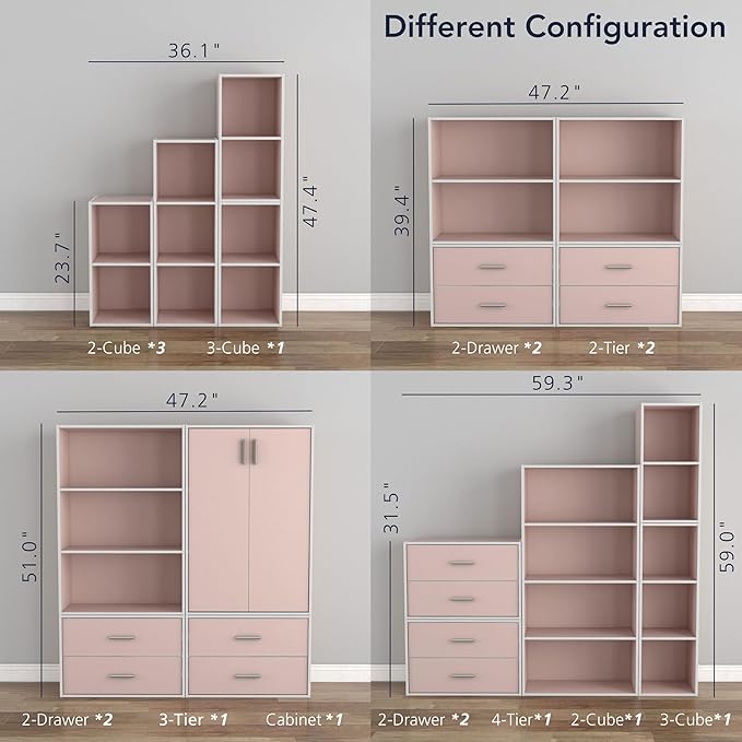 Homes: Inside + Out Apexa 4-Cube Storage Organizer Shelves, Stackable Wood Bookcase Fits Cubby Bins for Organization, Dorm Te