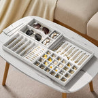 Velvet Jewelry Drawer Organizer Trays – Large White Stackable Jewelry Storage Inserts Set, 4-Layer Jewelry Tray Set for Earri