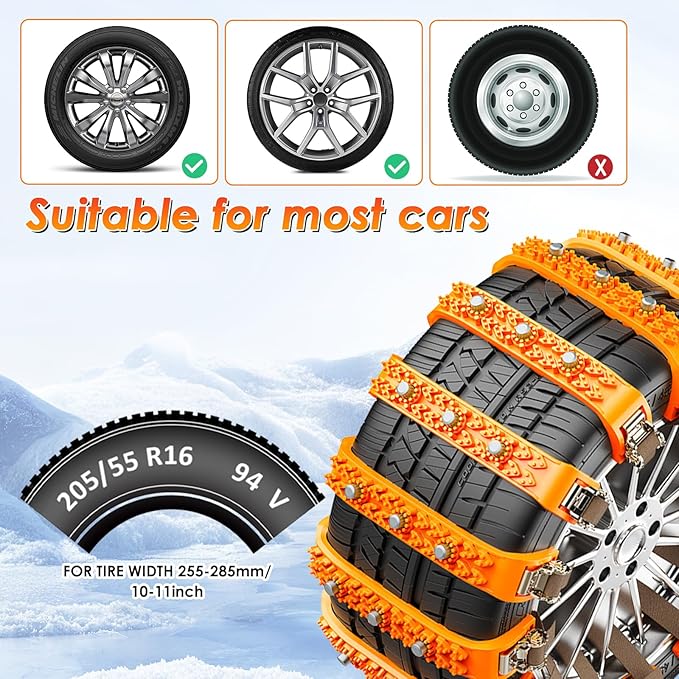 Fohil 8 Pack Snow Chains, Adjustable Portable Tire Chains for Car Truck SUV, Universal Thickened Emergency Snow Tyre Chains (