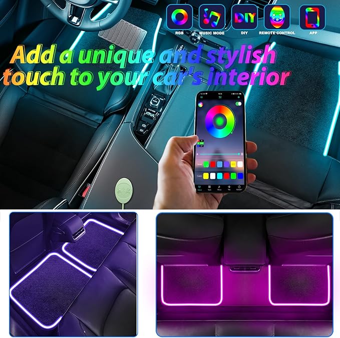 Soft Car Floor Mats with Led Strip Light, App Control Leather Interior Car Lights Floor Mats, Universal Fit Black Automotive Carpet, Anti-Slip Waterproof RGB Car Decor Accessories for SUV,Sedan,Jeeps