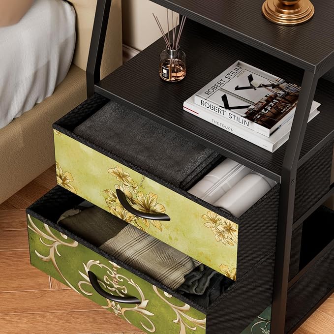 Furnulem Retro Night Stand with 3 Drawers and 2-Tier Shelf, Small Nightstand Side Table, Vintage Storage Dresser for Bedroom,