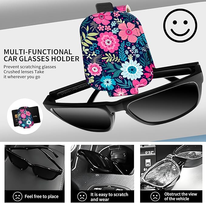 Leather Magnetic Sunglass Holder for Car Sun Visor, Cute Eyeglass Ticket Card Hanger Clip, Universal Auto Interior Accessories for SUV Pickup Truck Navy Floral
