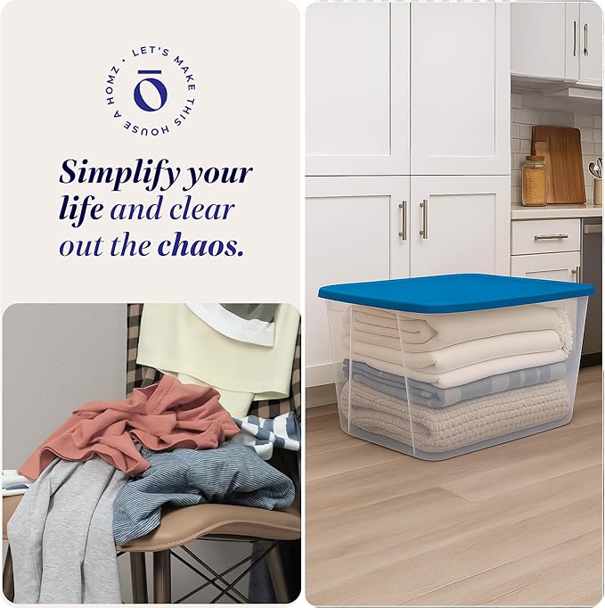 HOMZ 2-Pack Snaplock, Large Clear Plastic Storage Organizer Bins w/Lids, 56 Quart, Blue - Stackable Container Boxes for Bedro