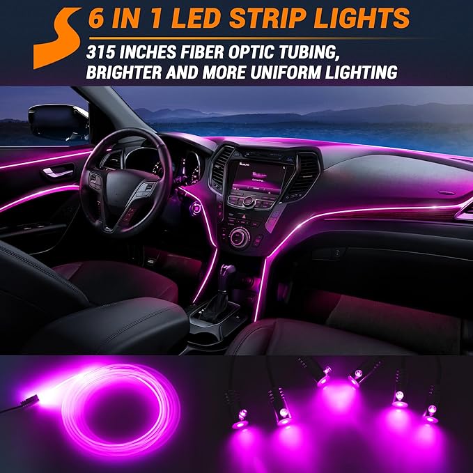 Interior Car LED Strip Lights 315 inches Fiber Optic tubing USB Powered RGB 6 in 1 Car Neon with Wireless APP and Remote Control, Ambient Lighting Kits 16 Million Colors,Sync to Music