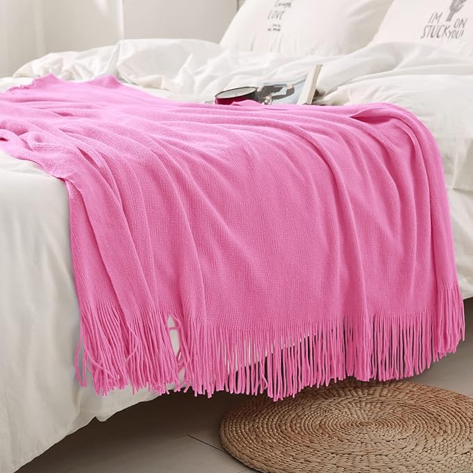 Homiest Decorative Knitted Throw with Fringe, Lightweight Acrylic Knit Blanket - Soft & Cozy Tassel Blanket for Couch, Sofa, 