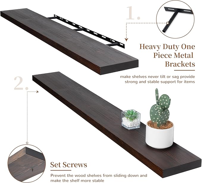 Marsmiles Wood Floating Shelves | 48 Inch Dark Wood Wall Shelves Set of 1 | 48" W x 6.7" D Rustic Wooden Shelves for Bathroom