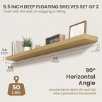 55 Inch Floating Shelves | 6.5 Inch Deep Oak Floating Shelves Set of 2 | 55" W x 6.5" D Rustic Oak Shelves with Invisible Bra