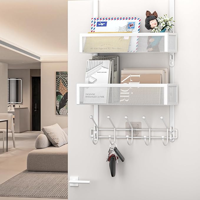 Adjustable Over The Door Hooks Organizer, Door Hanger Coat Rack with 2 Mesh Baskets and 10 Hooks, Back of Door Storage Organi