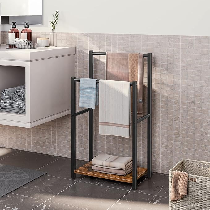 HOOBRO Free Standing Towel Rack for Bathroom, 2 Tier Blanket Rack, 16.5" L x 9.4" W x 31.5" H, Blanket Holder, Drying and Dis