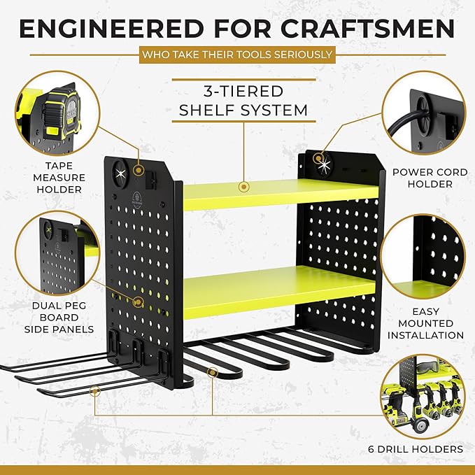 BUILTSTRONG Power Tool Organizer - 6 Drill Holder Wall Mount, 3-Tier Heavy-Duty Hand Tool Storage Rack With 2 Pegboard Sides 