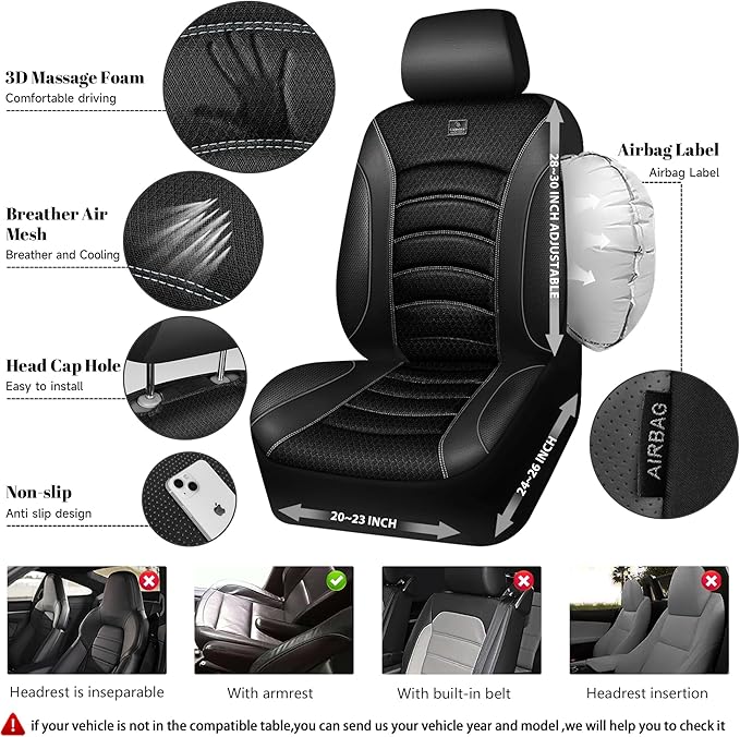CAR PASS Comfortable 3D Foam Mesh Leather Car Seat Covers Full Sets, Air Cool Mesh Breathable Seat Covers for Car, Universal 