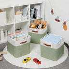 HNZIGE Foldable Storage Cubes & Baskets (3 Pack) - 13 Inch Storage Bin with Leather Handles for Toys, Clothes, Kids (White & 