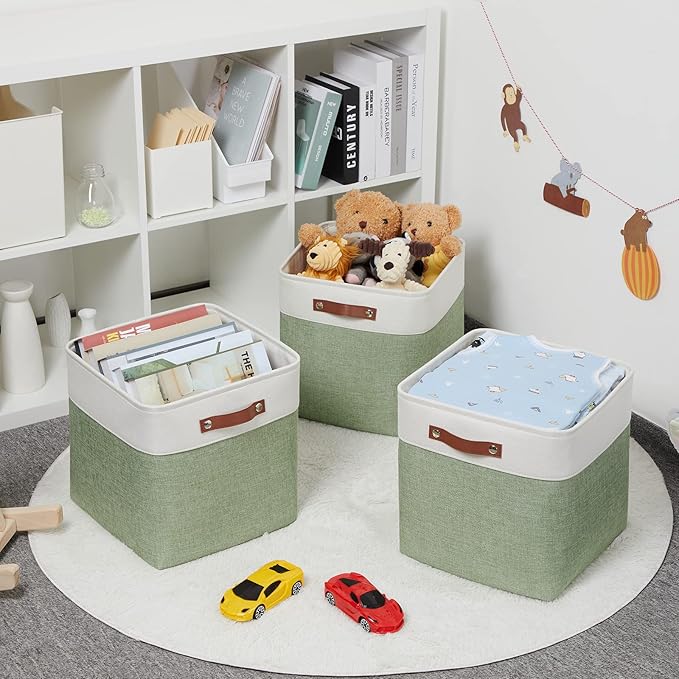 HNZIGE Foldable Storage Cubes & Baskets (3 Pack) - 13 Inch Storage Bin with Leather Handles for Toys, Clothes, Kids (White & 