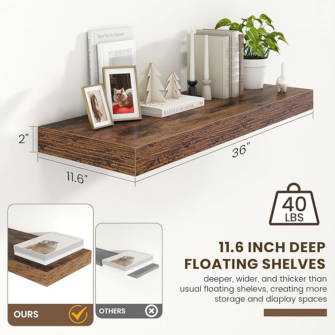 12 Inch Deep Floating Shelves | 36 Inch Brown Floating Shelves | 36" W x 12" D Rustic Wood Shelves for Wall | Deep Brown Shel