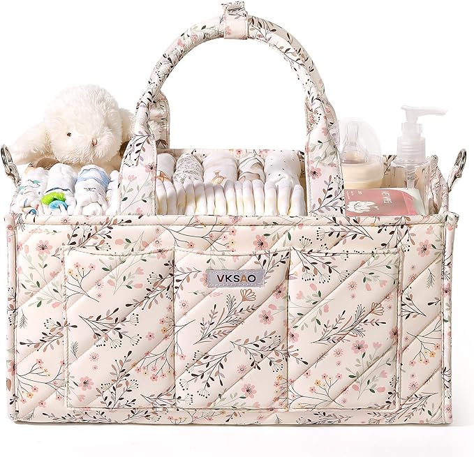 Baby Essentials Cute Floral Diaper Caddy Organizer – Portable Storage Basket with Shoulder Strap & Stroller Hooks, Splashproo