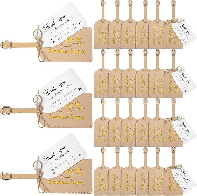 Sweetude 48 Sets Leather Luggage Tag Bulk and So The Adventure Begins Luggage Tags with Name Card for Wedding Bridal Shower B
