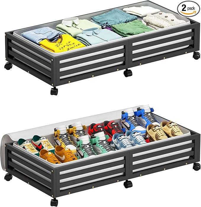Wisuce Bamboo Under Bed Storage Containers- Underbed Organizer with Wheels with Large Dust Bag,Sturdy Wood Rolling Under the 