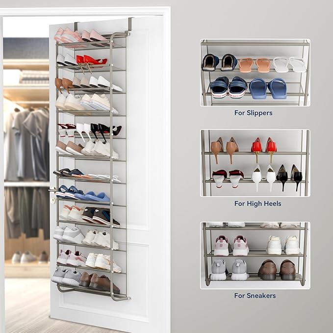 Whitmor 36 Pair Over The Door Shoe Organizer, 12 Tier Hanging Shoe Organizer, Heavy Duty Metal & Mesh Shoe Holder, Hanging Sh
