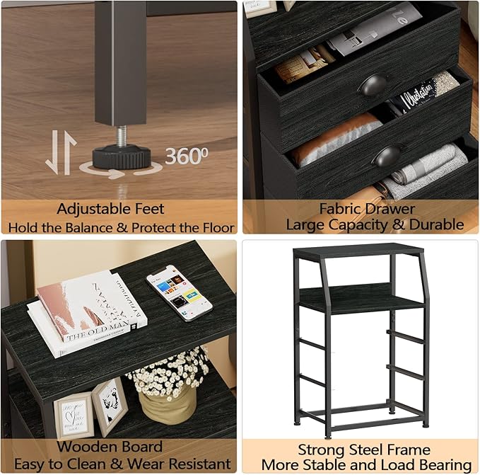 Furnulem Black Night Stand, Small Dresser for Bedroom, Nightstand with 3 Fabric Storage Drawers and 2-Tier Shelf, End Table S
