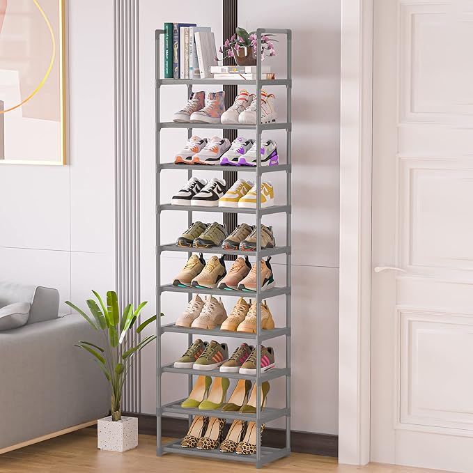OYREL 10-Tier Metal Shoe Rack, Narrow Shoe Rack Organizer, Sturdy Shoe Shelf for Closets, Entryway, Bedroom, Garage - Silver