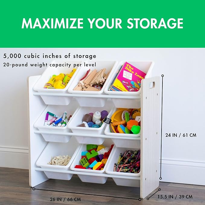 Humble Crew 9-Bin Toy Organizer – Hampton Sandwashed with White Plastic Bins, 3-Tier Storage Solution for Kids' Playrooms and