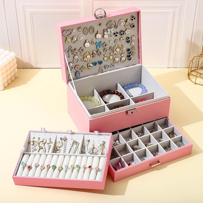 BOOVO Earring Jewelry Box For Women Girl Stud Organizer, 5 Layers Girl Jewelry Organizer Box With Lock Earring Holder Organiz