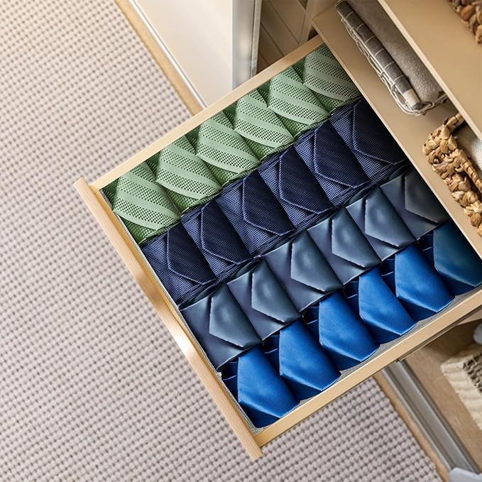 4 Pack 96-Cell Fabric Sock Organizer and Tie Organizer For Men - Fabric Foldable Drawer Divider for Socks, Underwear, Ties an