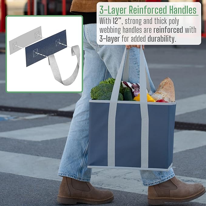 VENO 3 Pack Reusable Grocery Bags, Shopping Bags for groceries, Utility Tote with Handles and Hard Bottom, Foldable Shopping Cart Organizer, Heavy-Duty (Dark Blue, 6 Gallon-3 Pack)