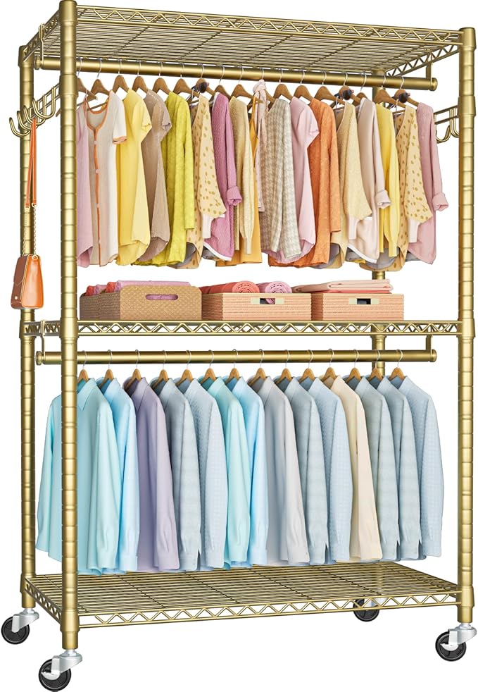 FUTASSI P1 Plus Rolling Clothes Rack, 22mm Diameter Heavy Duty Garment Rack with Wheels, Portable Closets with Shelves and Ha