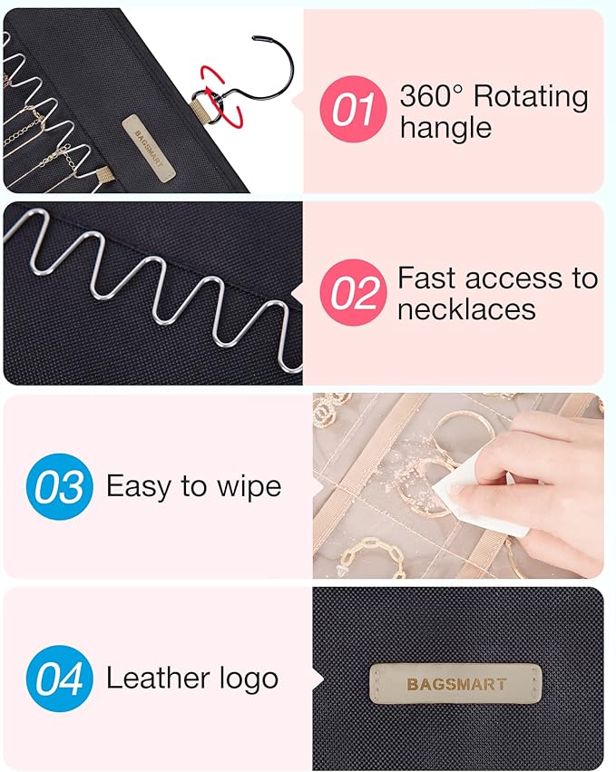 BAGSMART Hanging Jewelry Organizer Storage Roll with Hanger Metal Hooks Double-Sided Jewelry Holder for Earrings, Necklaces, 
