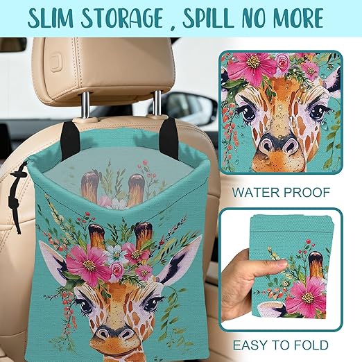 Car Trash Bag Watercolor Giraffe and Floral Hanging Drawstring Car Organizer and Storage Bag with Adjustable Buckle Canvas Garbage Bin for Back Seat or Hanging Headrest Car Decor