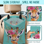 Car Trash Bag Watercolor Giraffe and Floral Hanging Drawstring Car Organizer and Storage Bag with Adjustable Buckle Canvas Garbage Bin for Back Seat or Hanging Headrest Car Decor