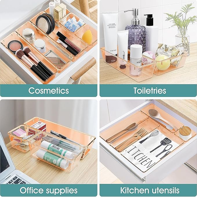 WOWBOX 25 PCS Plastic Drawer Organizer Set, 4 Sizes Desk Drawer Divider Organizers and Storage Bins for Makeup, Jewelry, Gadg