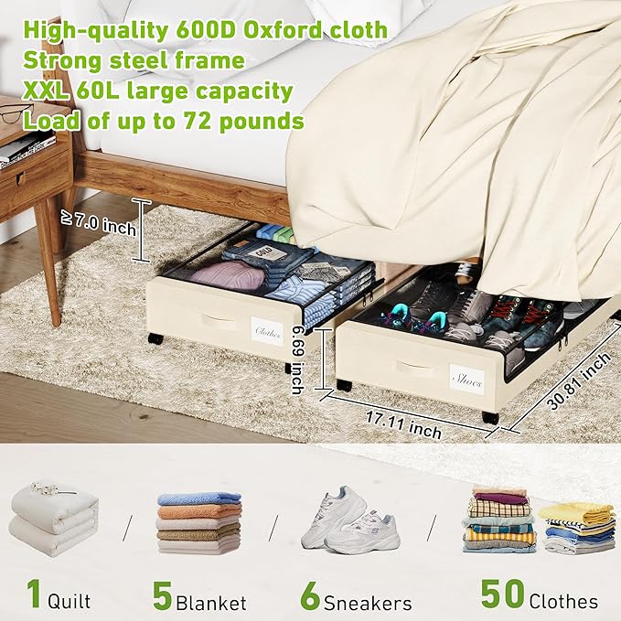 Under Bed Storage with Wheels, Under the Bed Storage Containers with Clear Lids & Label, Underbed Storage Bins, XXL 60L Rolli