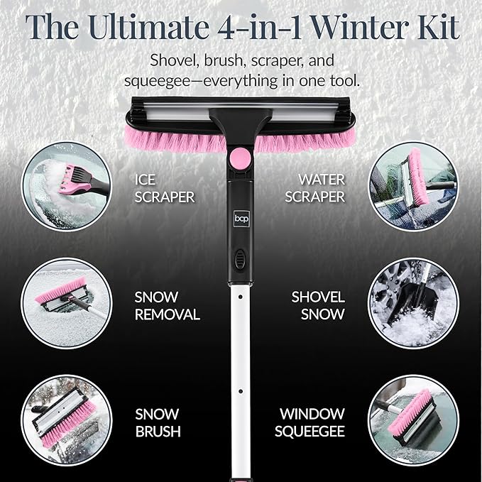 Best Choice Products 4 in 1 Snow Brush with Shovel, Squeegee & Ice Scraper, Up to 39" Extendable Foam Grip, 270° Pivoting Snow Brush for Car Truck SUV, Storage Bag Included - Pink