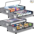 Under Bed Storage with Wheels, 4-Pack Underbed Storage Containers with Clear Lids, Under Bed Shoe Storage Organizer, Rolling 