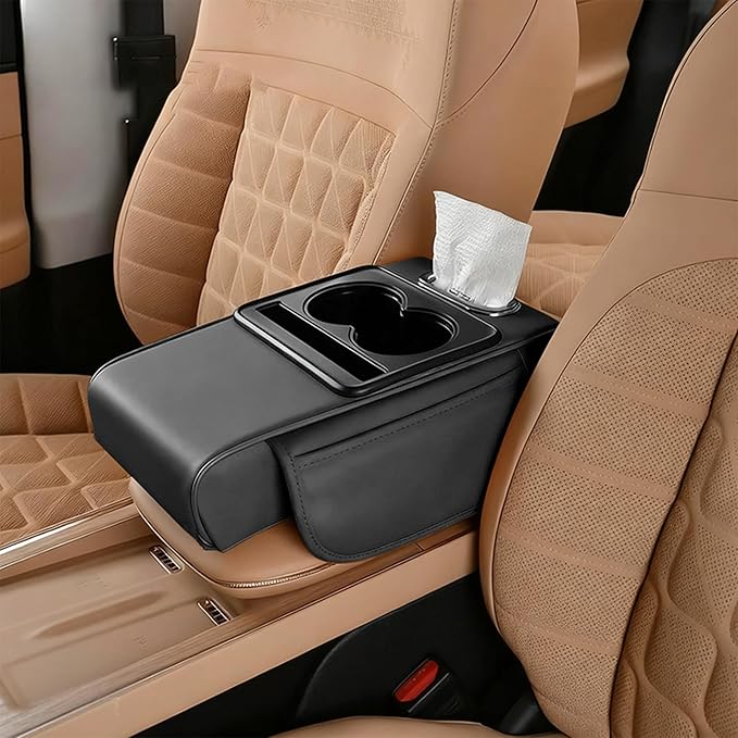 Car Armrest Storage Box,Car Accessories Console Organizers and Storage,Universal Waterproof Leather Console Cover with Cup Holder and Phone Holder,Suitable for Most Cars (Normal, Black)