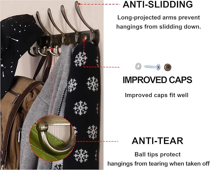 Dseap Wall Mounted Coat Rack - 5 Tri Hooks, Heavy Duty, Stainless Steel, Metal Coat Hook Rail for Coat Hat Towel Purse Robes 