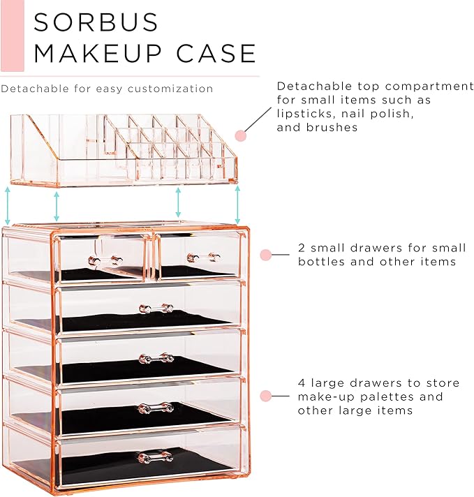 Sorbus Acrylic Makeup Organizer Set, 6-Drawer Vanity & Countertop Cosmetic Storage with Small & Wide Compartments, Pink Makeu