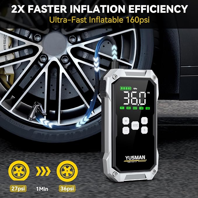 Car Jump Starter with Air Compressor, 9000A 160PSI Jump Starter Pack (All Gas/10.0L Diesel), 12V Battery Jump Starter with