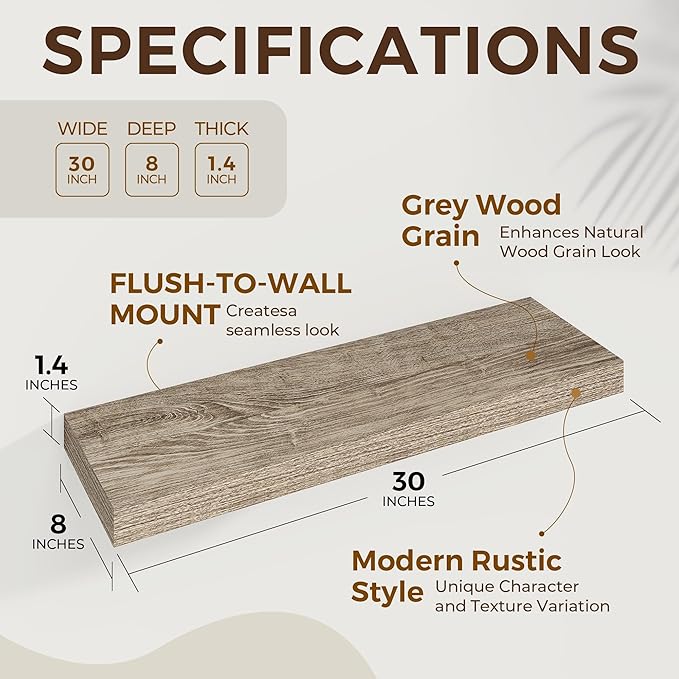 Dreamland 30 Inches Floating Shelves for Wall,8 Inch Deep Floating Shelves Set of 2, Large Display & Storage Shelf, Wall Shel