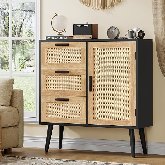 Iwell Storage Cabinet with Rattan Door & 3 Drawers, Rattan Cabinet with Adjustable Shelf, Sideboard Buffet Cabinets with Stor