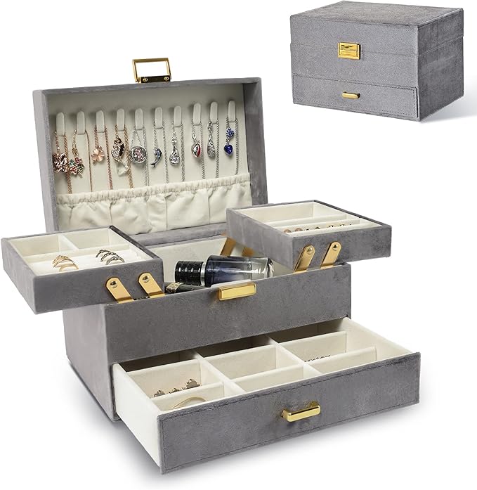 Dajasan Jewelry Organizer Box, Large Velvet Jewelry Boxes for Women Girls, Space-Saving 3 Layers Jewelry Storage Case with Dr