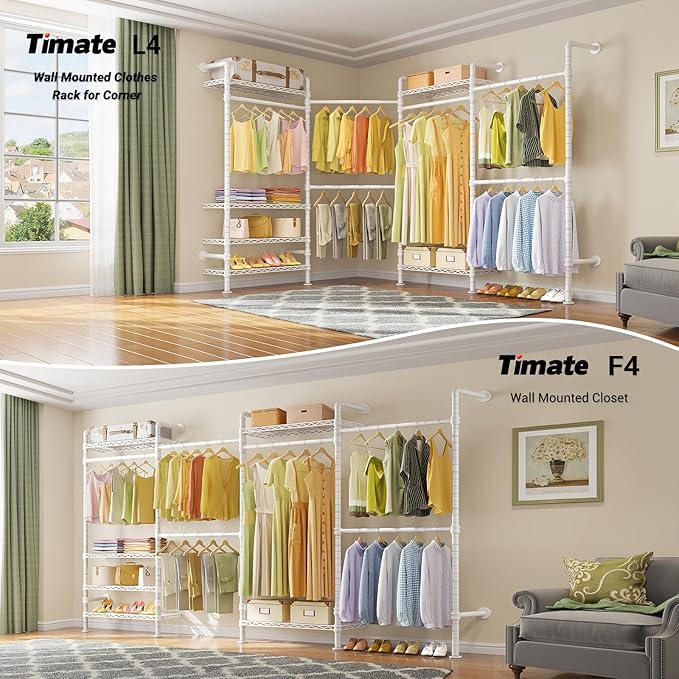 Timate F4 Wall Mounted Clothes Rack Industrial Pipe Clothing Rack for Hanging Clothes, Expandable Garment Rack Heavy Duty War